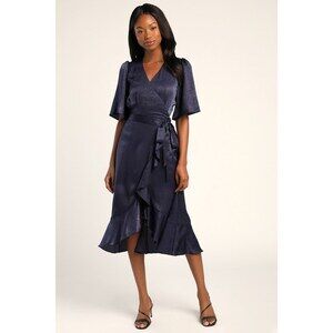 Lulus Wrapped Up In Love Navy Blue Satin Faux-wrap Midi Dress - Size S